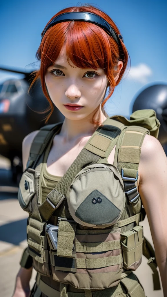 (masterpiece, ultra-detailed, ultra-realistic, best quality, clear focus, photorealistic), (ultra-high resolution, 8k:1.3), cinematic color-grading film, dramatic scenes, shadow, global-illumination, perfect anatomy, perfect face, (detailed face, detailed eye:1.3), (20 years old Japanese beautiful punk rock girl:1.2), (red hair:1.3), (Experienced paratroopers:1.3), professional light, (very cute but boyish cool Japanese face:1.3), (Fully equipped for battle:1.4), (m4a1 large assault rifle:1.4), (standing in front of a large military transport plane with camouflage color:1.3), (wearing a soldier's outfits with parachute on her back:1.2), (Strong willed expression:1.2), (afraid:1.4), slim waist, (military helmet), very large breasts, tactical vest, military harness, hip focus,