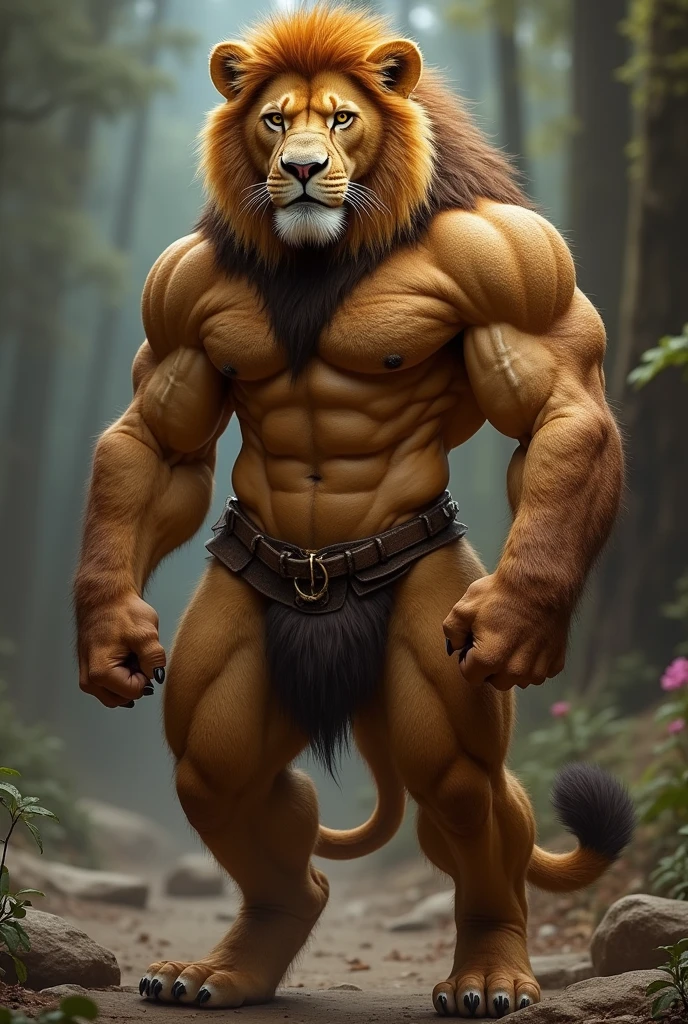 Furry lion muscular humanoid body, attractive and sexy, high ,. Realistic style.Whole body.gay porn with furry wolf man muscular macho and sexy.