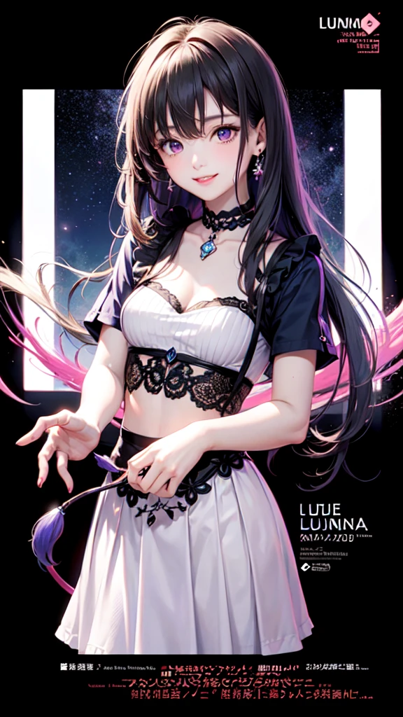 Blue long hair high school girl,Purple eyes, smile,Live Announcement Poster,Poster with logo"Lumina Live"