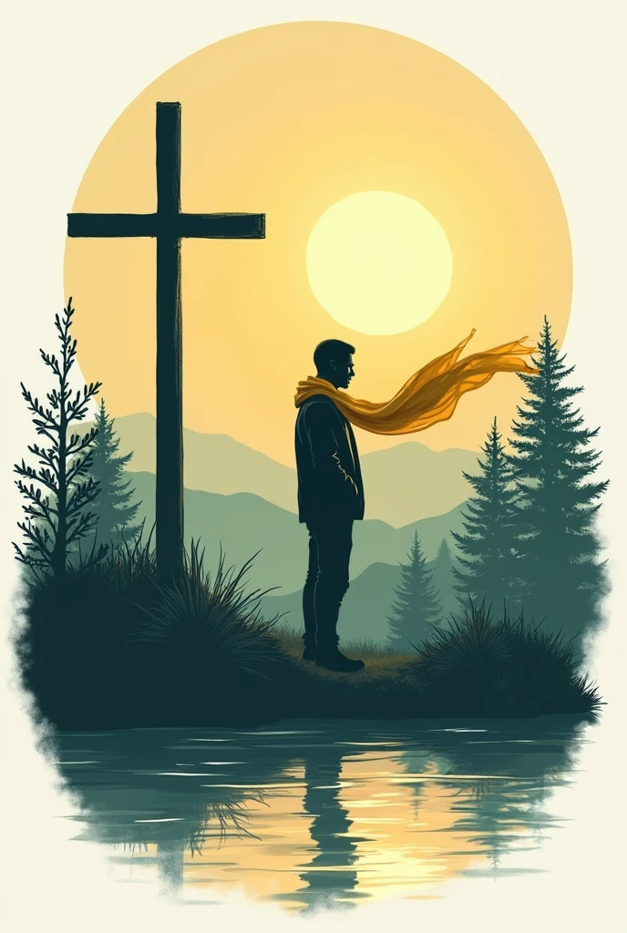 Create a logo with a beautiful landscape and a cross, and a shadow of a man with a yellow scarf and a reflecting sun.