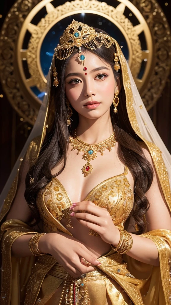 Create an image of a majestic goddess. The goddess is adorned with golden ornaments and manipulates divine light in her hands. She gazes directly at the camera, with intricate jewels and decorations scattered throughout her hair and attire. Her skin is not exposed. The background is surrounded by mystical circular patterns and a halo of light, creating an overall atmosphere of mystique and sanctity.