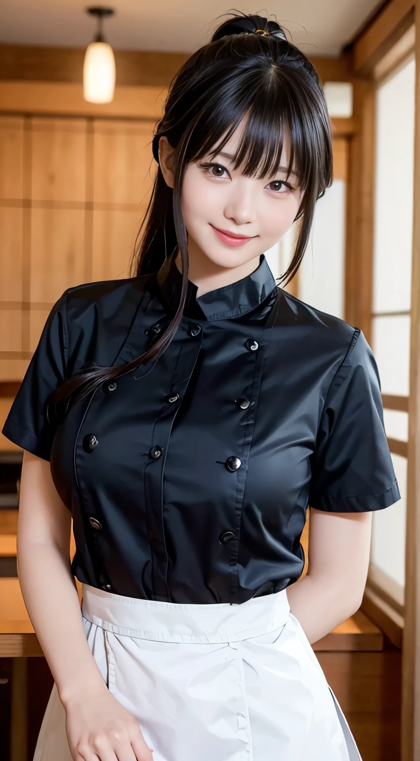 (Highest quality,masterpiece:1.3,Ultra-high resolution,),(Very detailed,Caustics),(Realistic:1.4,RAW shooting,)Ultra-Realistic Capture,Very detailed,High resolution 16K human skin closeup。 Natural skin texture、,pores、、、、It must be detailed enough to be easily identifiable。 Skin tone is even and healthy looking。 Use natural light and color,restaurant,Waitress Uniform,1 person,Japanese,18-year-old,cute,Black-haired,ponytail,Big Breasts,smile,Turn your body forward,(Front view:1.1),Looking into the camera,Cowboy Shot,