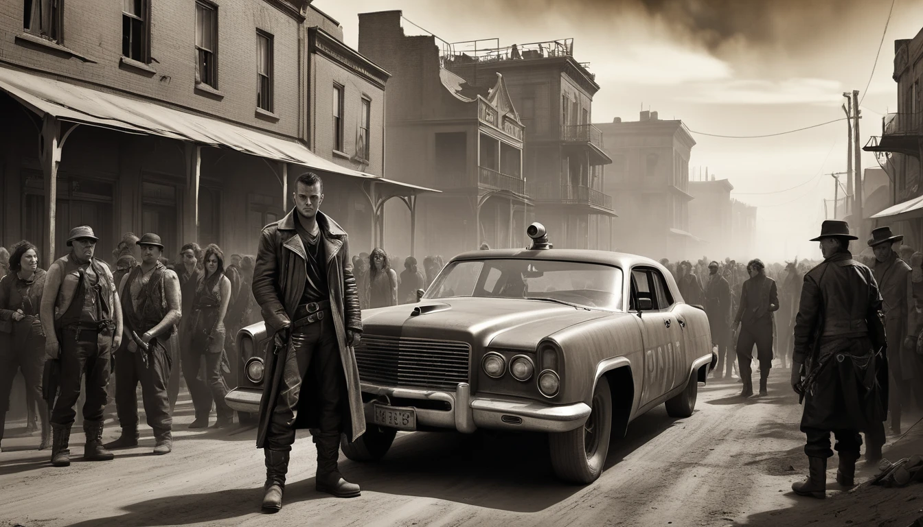 The image is a thumbnail youtube ((Very old photograph in sepia tone only)), surreal, monochromatic, post-apocalyptic scene from the 1920s, featuring a group of people in a narrow, crowded street. Set in 1920, the central figure is Mad Max (Mel Gibson), wearing black leather boots, pants, and jacket. He has a determined expression and is holding a pistol. He is accompanied by a heeler dog. The crowd behind them is made up of punk men and women, some wearing rustic clothing, all with serious or worried expressions. The background shows dilapidated buildings and a hazy sky, adding to the dystopian atmosphere. cgsociety, art deco, 1920s, hyperdetail, 1920s Mad Max film, digital illusions, photorealistic, artistic visuals inspired by Fritz Lang. ((cinematic film)), ultra-detailed, chiaroscuro, RAW photo, cinematic, artstation style, concept art, masterpiece, 8k, black and white, realistic textures, 3d rendering