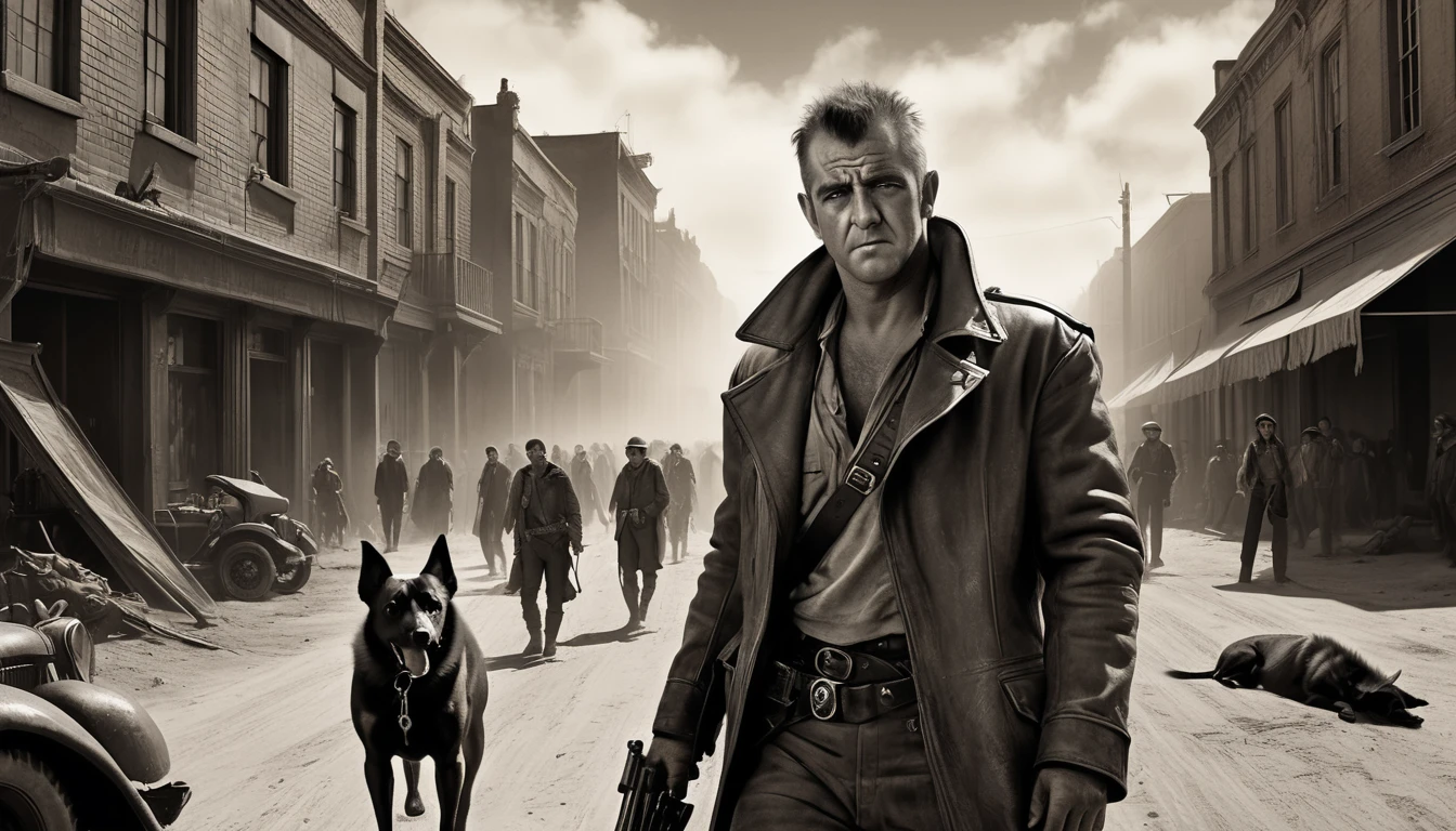 The image is a thumbnail youtube ((Very old photograph in sepia tone only)), surreal, monochromatic, post-apocalyptic scene from the 1920s, featuring a group of people in a narrow, crowded street. Set in 1920, the central figure is Mad Max (Mel Gibson), wearing black leather boots, pants, and jacket. He has a determined expression and is holding a pistol. He is accompanied by a heeler dog. The crowd behind them is made up of punk men and women, some wearing rustic clothing, all with serious or worried expressions. The background shows dilapidated buildings and a hazy sky, adding to the dystopian atmosphere. cgsociety, art deco, 1920s, hyperdetail, 1920s Mad Max film, digital illusions, photorealistic, artistic visuals inspired by Fritz Lang. ((cinematic film)), ultra-detailed, chiaroscuro, RAW photo, cinematic, artstation style, concept art, masterpiece, 8k, black and white, realistic textures, 3d rendering