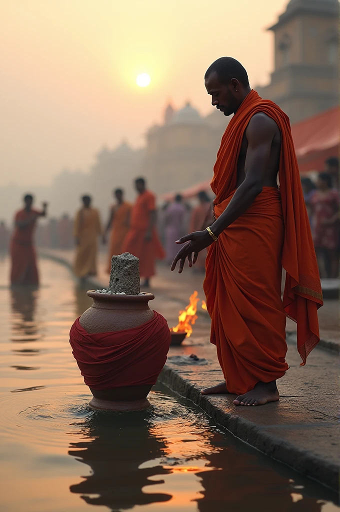 At varanasi ganga ghat ,Hindu pandit in gaura cloth doing asthi visarjan with mitti ka asthi matka cover with red kalpda