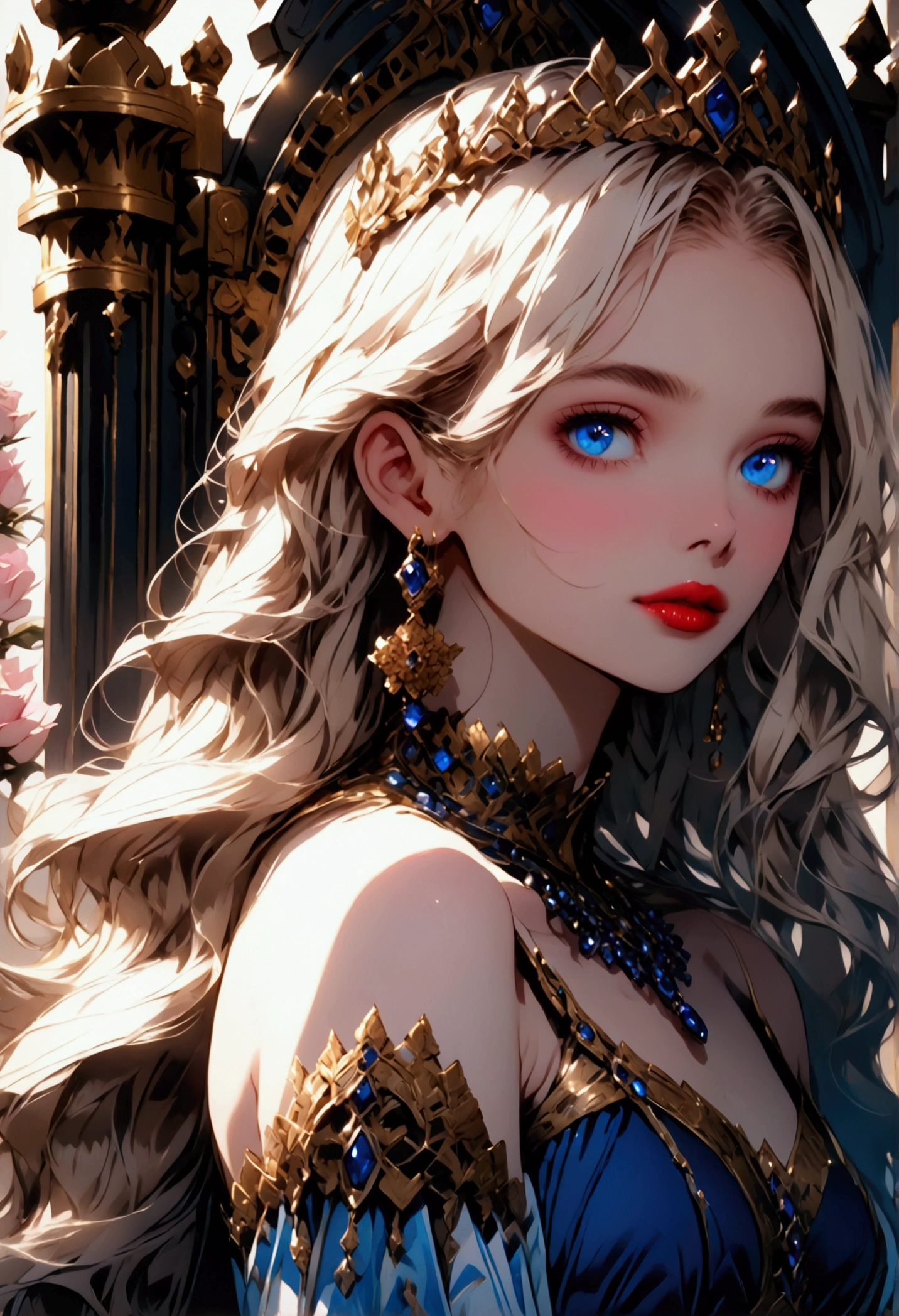 ((solo, 1woman, (blue eyes, platinum blonde hair, long hair), lipstick, Extremely detailed, ambient soft lighting, 4k, perfect eyes, a perfect face, perfect lighting, a 1girl)), ((solo, (1woman, lipstick), Extremely detailed, ambient soft lighting, 4k, perfect eyes, a perfect face, perfect lighting, a 1girl)), , ((pastel colors, turned to the side pose, sapphire necklace)), ((blue finely detailed dress, imperial throne, sitting on a throne, flowes, high heels, throne room, palace))