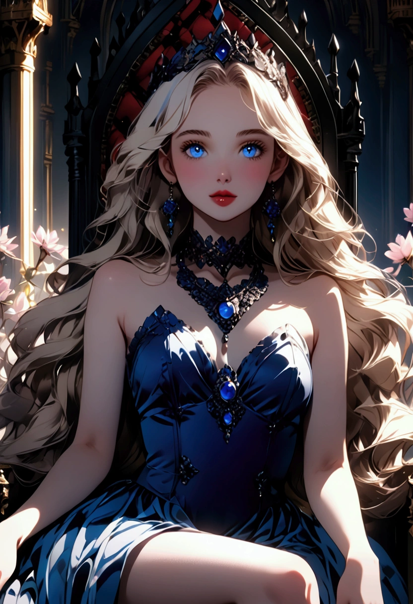 ((solo, 1woman, (blue eyes, platinum blonde hair, long hair), lipstick, Extremely detailed, ambient soft lighting, 4k, perfect eyes, a perfect face, perfect lighting, a 1girl)), ((solo, (1woman, lipstick), Extremely detailed, ambient soft lighting, 4k, perfect eyes, a perfect face, perfect lighting, a 1girl)), , ((pastel colors, turned to the side pose, sapphire necklace)), ((blue finely detailed dress, imperial throne, sitting on a throne, flowes, high heels, throne room, palace))
