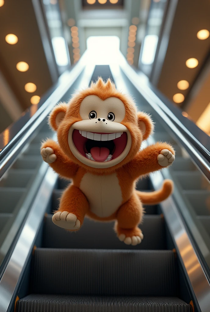 A stuffed ey laughing while going up an escalator