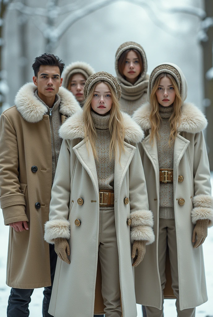 Group people together in a white and brown winter-style superhero costume and a brown fur coat. , Make a long and thin face.
