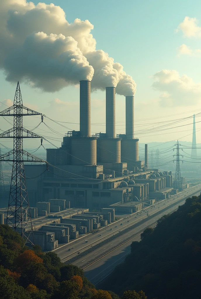  An image depicting a large power plant in operation, with several power transmission lines extending towards the horizon. The smoke from the chimneys could symbolize the environmental impact, while the power lines represent the high global demand for electricity.