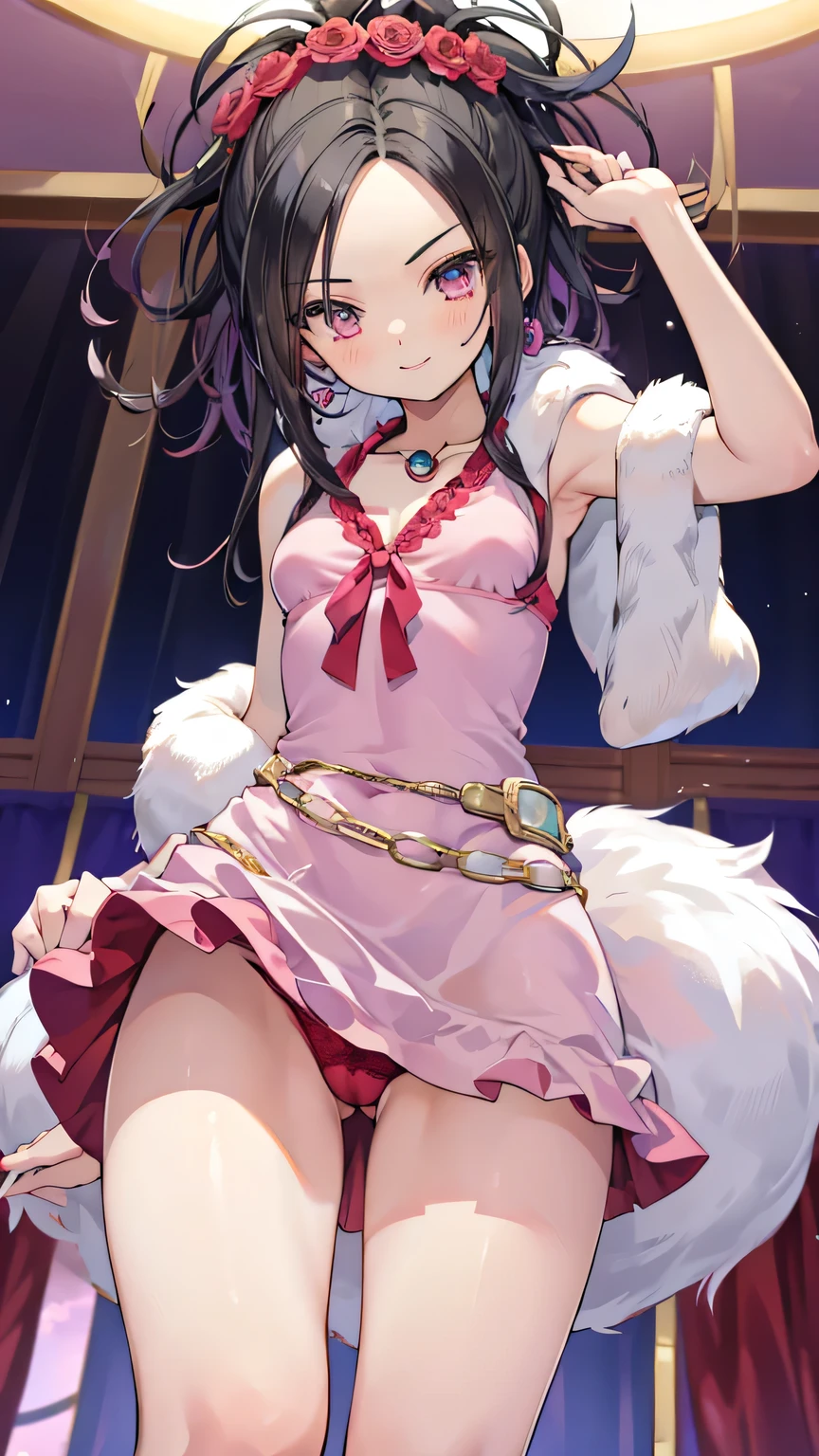 Dragon Quest 5、1girl, Tall、(Angle from below:1.5)、Excited、grin, Sweat、((deborah)), ((Short dress in pink color))、Red flower hair ornament、The shape of the chest is clearly visible、small breasts, (thighs), ((Wearing a white fluffy fur around their neck))、((black lace panties))、Forehead、 Long black hair、Slender、((close up toe)), Thighs、In the hotel bedroom、footjob, (she is standing and footjob), One leg raised、