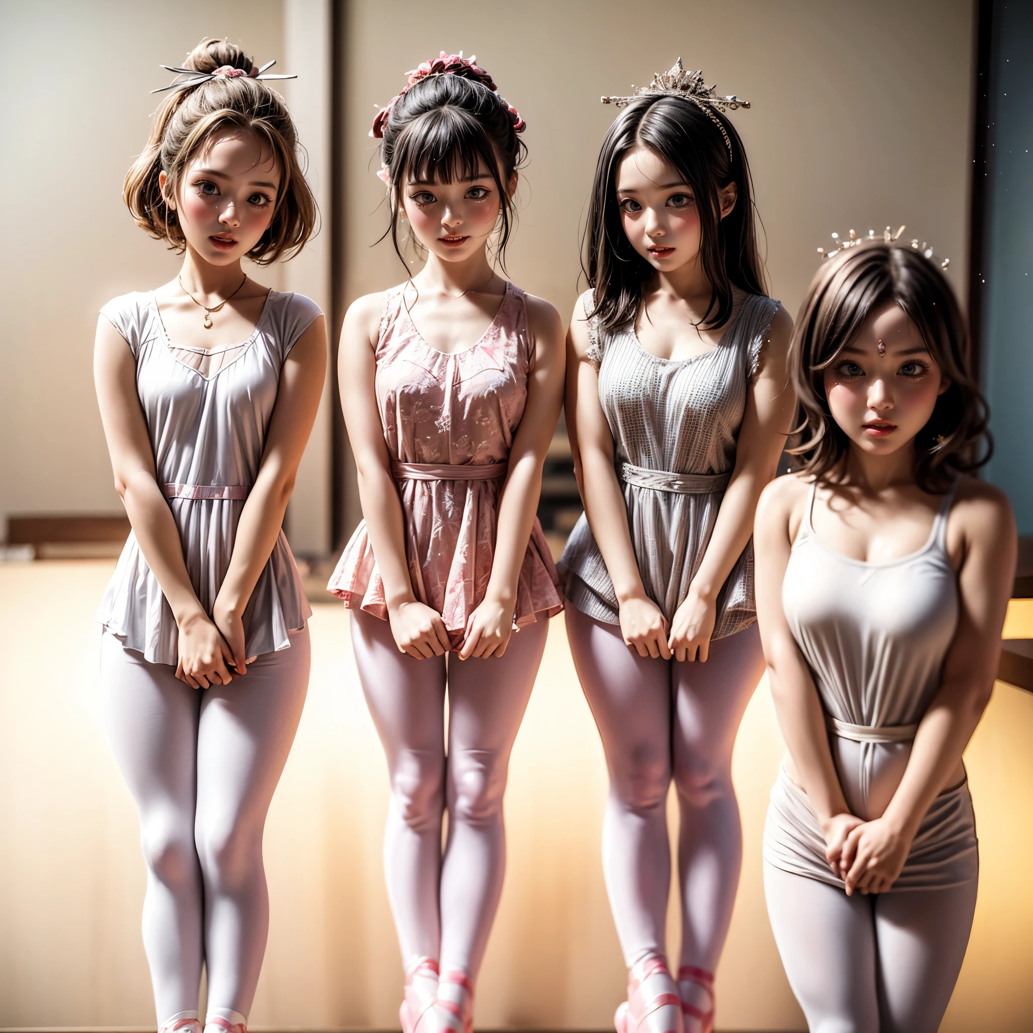 SFW, ExtremelyDetailed (((Kawaii Ballet Girls Group in a row:1.37))), Childish perfect face, Reflective Eyes, Detailed(Delicate Clothing textures), corrected hand, Dynamic Joyful Expressions LifeLike Rendering, (Specular Reflection:0.2), TopQuality 8K Ultra-detailed masterpiece (ProfessionalPhoto:1.37), (Acutance:0.8), (Luminism:1.28), (Light particles:0.75), (Muscle:-0.5), facing away (from side ) (Clearly visible Beautiful hip shape)