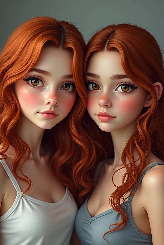 Sisters
Older sister, 29 years old, long red dyed hair with black roots; with waves and volume, round dark brown eyes, long and curly eyelashes, bushy eyebrows, thick, pink lips, overweight.
Younger sister, , short hair to the shoulders with waves; dyed red with black roots, big slanted eyes, long and curly eyelashes, thin and pale lips, White skin, slim.
Both sisters have similar features