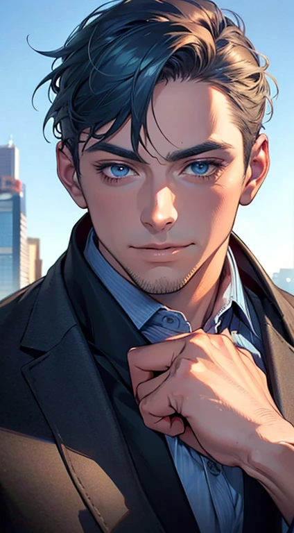 (best quality,4k,8k,highres,masterpiece:1.2),ultra-detailed,(realistic,photorealistic,photo-realistic:1.37),1 man,31 years old,mature man,very handsome,without expression,smile,short blue hair,blue eyes,penetrating gaze,perfect face without errors,imposing posture,businessman,office background,cinematic lighting,hdr image