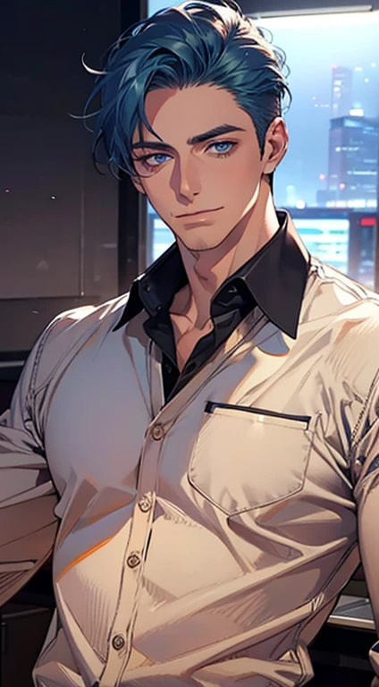(best quality,4k,8k,highres,masterpiece:1.2),ultra-detailed,(realistic,photorealistic,photo-realistic:1.37),1 man,31 years old,mature man,very handsome,without expression,smile,short blue hair,blue eyes,penetrating gaze,perfect face without errors,imposing posture,businessman,office background,cinematic lighting,hdr image