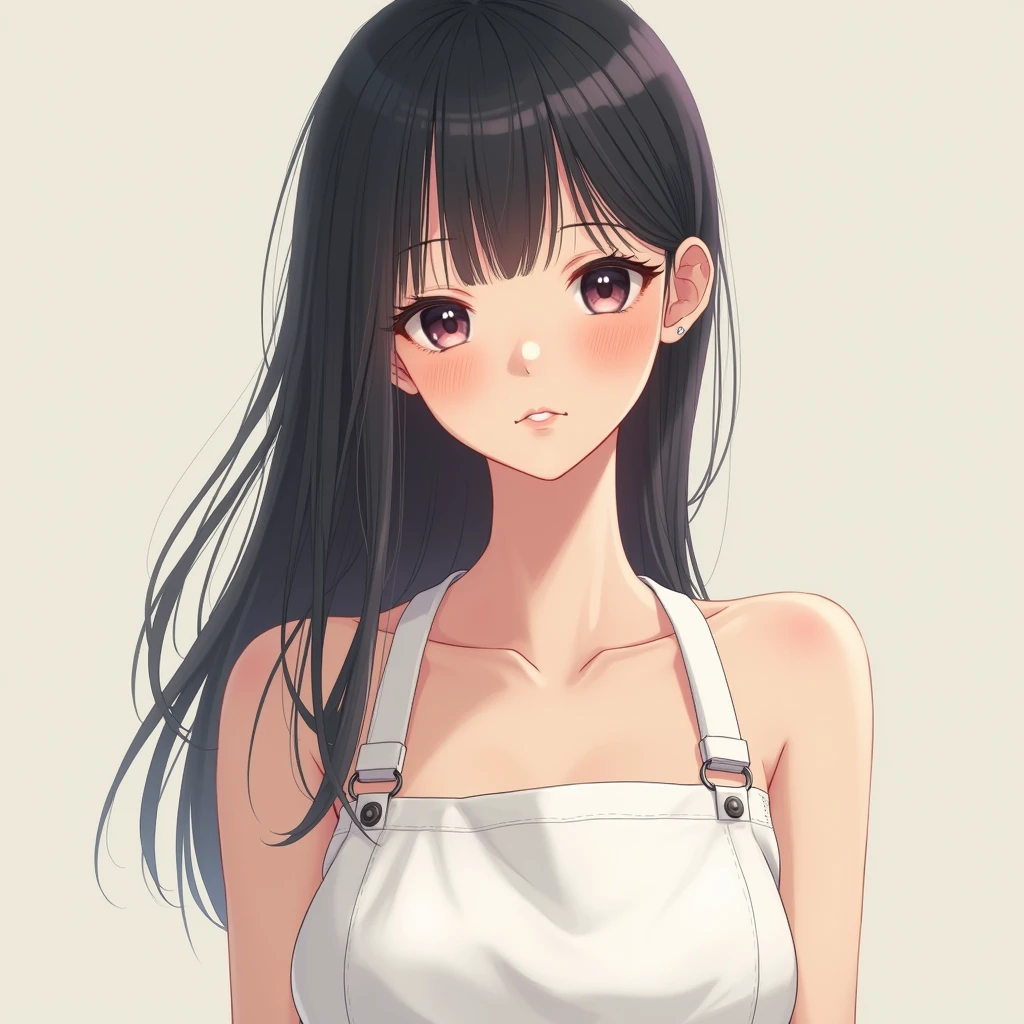 An anime-style Japanese girl wearing an apron over her naked body