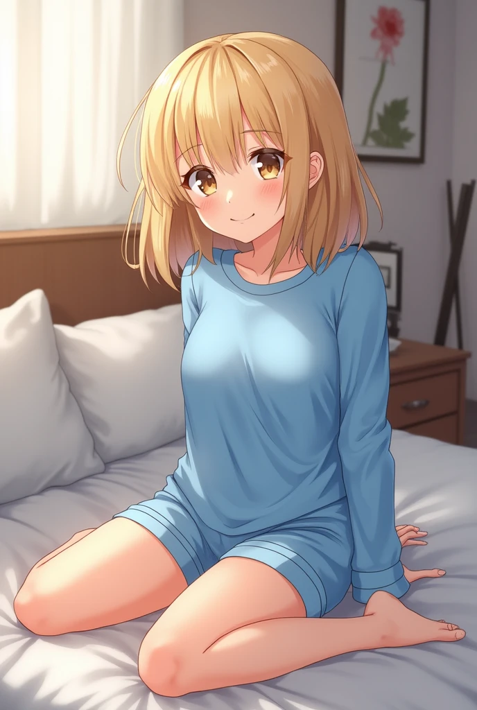  wearing blue pajamas, blonde hair，young people，Short shorts, on bed