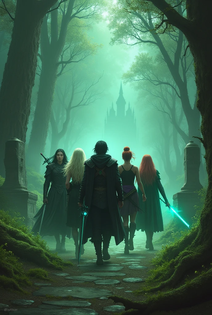 Five characters walking through an ancient, mystical forest. The forest is shrouded in dense mist, with dim green light filtering through the trees, creating an otherworldly atmosphere.
Vortex:
His long black hair flows in the wind, and his black coat billows behind him. He holds a dark sword in his hand, his calm and sharp gaze ever-watchful. The white shirt he wears faintly glows in the darkness.
Mirage:
His platinum blonde hair cascades over his blue robe as he grips an ancient staff, sensing the mystical powers of the forest. The tip of his staff emits a soft blue light, cutting through the mist.
Raven:
With long white hair draped down his back, this male dark elf archer, clad in purple leather armor, scans the depths of the forest, his bow at the ready as if searching for the next target.
Varis:
Dressed in gothic black armor adorned with blood-red gemstones, his long black hair flows around him. He wields a greatsword inscribed with ancient runes, its weight echoing with each step he takes through the forest.
Seraphina:
With flowing red hair and a green headscarf, Seraphina walks gracefully. Her green eyes reflect the mysteries of the forest, and the magical embroidery on her robe softly glows. She holds a staff, her presence elegant and serene.
Background:
As they walk, ancient statues and vine-covered ruins line their path. The ground is carpeted with glowing moss and strange flowers. From afar, mysterious whispers can be heard, and the wind seems to envelop the entire forest.
Overall Scene:
The five characters move closely together, each standing out with their unique traits, yet harmonizing within the ancient forest. In the distance, the ruins of an ancient structure, possibly holding untold powers, are faintly visible.