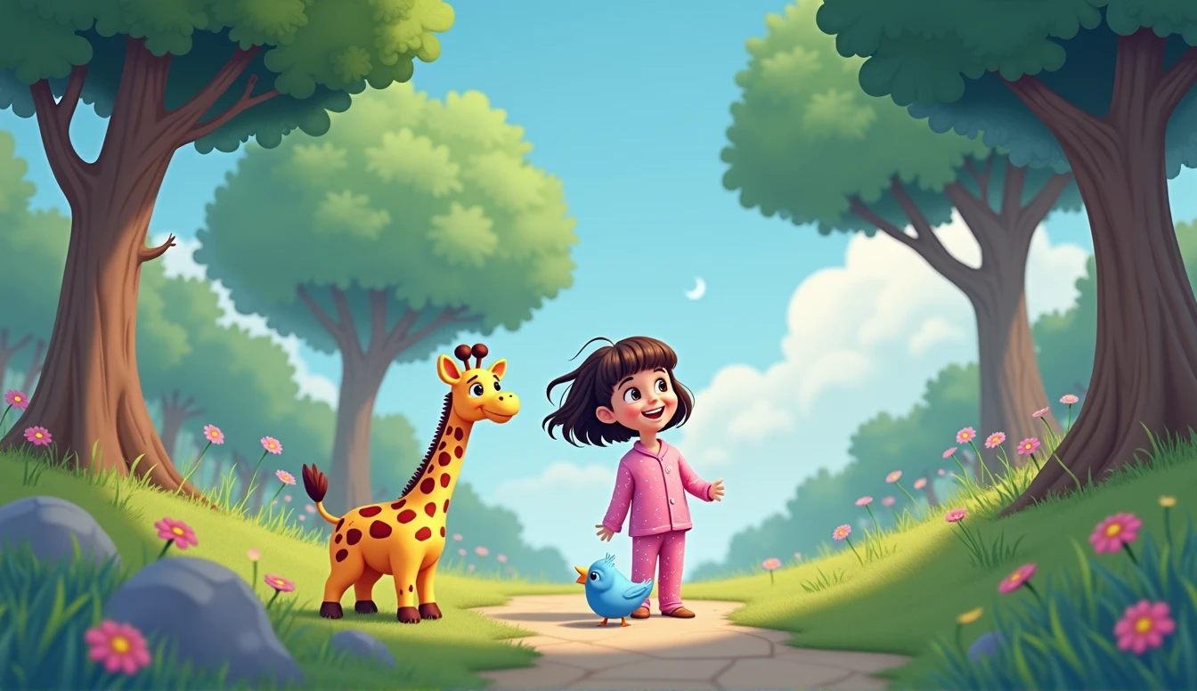 a little cartoon girl in pink pajamas, There is a plush giraffe standing next to them, a blue cartoon bird is standing in front of them.