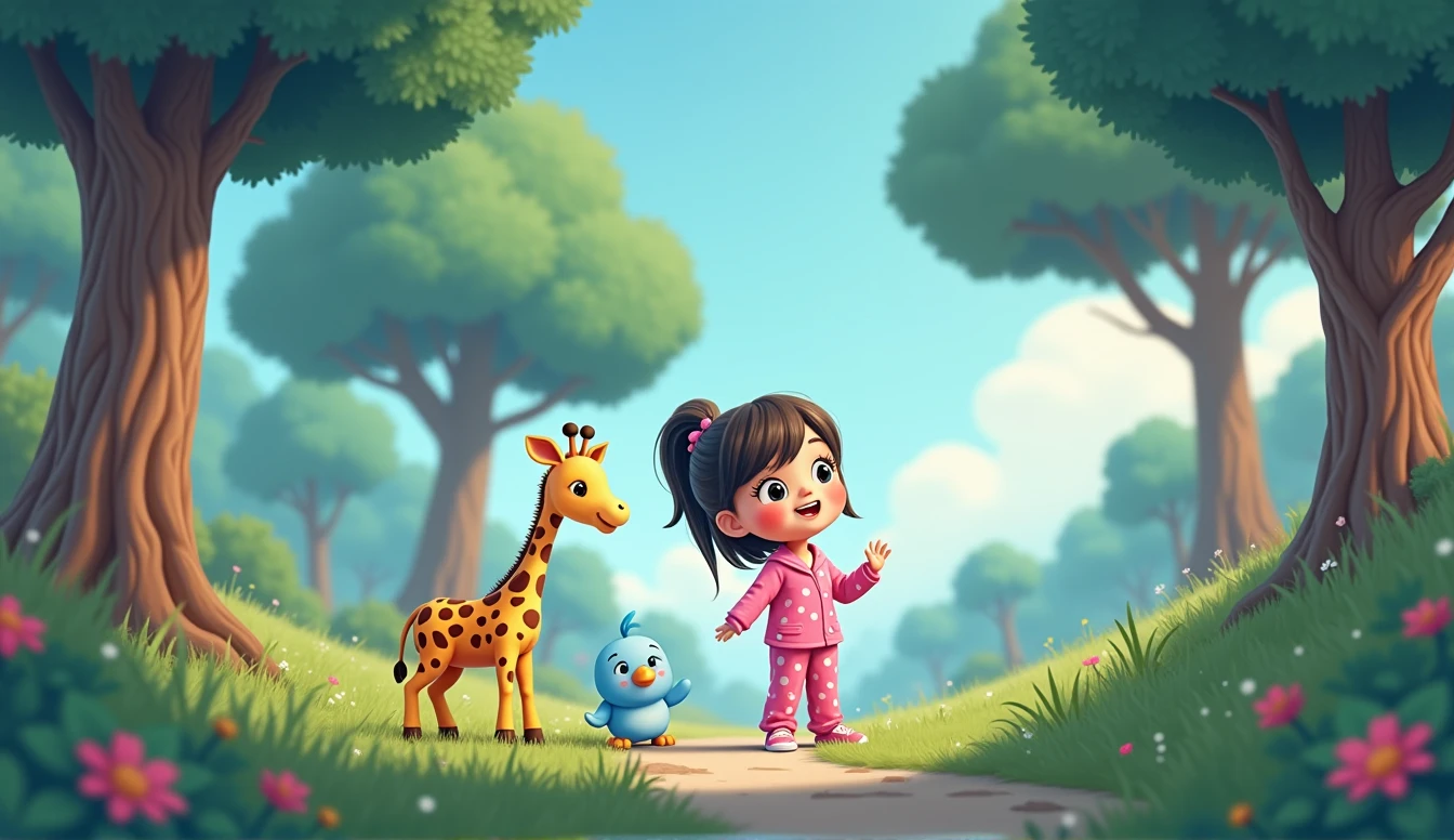 a little cartoon girl in pink pajamas, There is a plush giraffe standing next to them, a blue cartoon bird is standing in front of them.