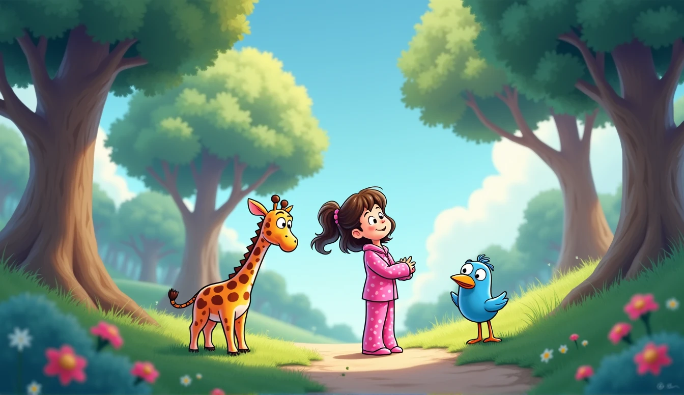 a little cartoon girl in pink pajamas, There is a plush giraffe standing next to them, a blue cartoon bird is standing in front of them.