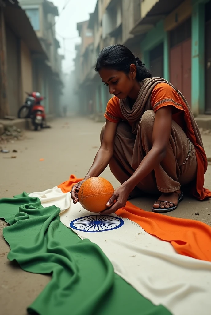 A poor woman making the Indian flag with a ball on the road