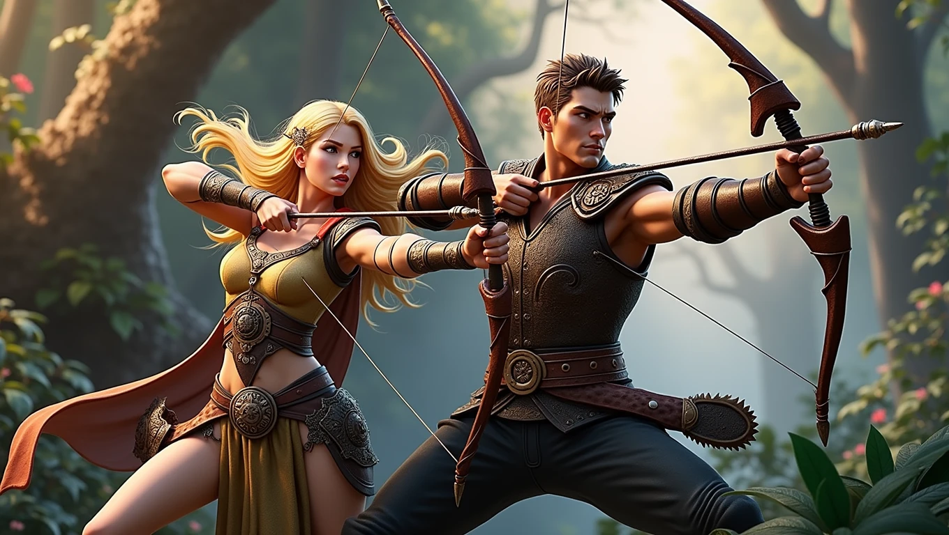A dynamically heroic pair of archers, one clad in leather armor with a bow drawn, the other a princess with a determined expression, stand in an action pose. This 3D image captures them in a moment of intense focus and skill. Their attire is detailed with intricate designs, highlighting the craftsmanship of their outfits. The background is a lush forest scene, adding depth and realism to the image. Overall, this high-quality digital painting showcases the bravery and determination of these mythical characters, drawing viewers into their world of adventure and danger.