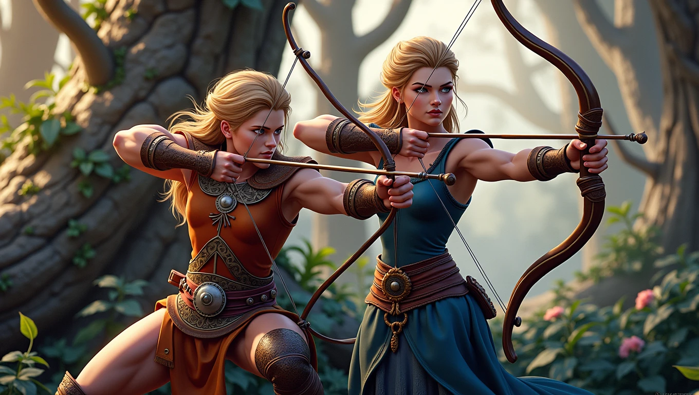 A dynamically heroic pair of archers, one clad in leather armor with a bow drawn, the other a princess with a determined expression, stand in an action pose. This 3D image captures them in a moment of intense focus and skill. Their attire is detailed with intricate designs, highlighting the craftsmanship of their outfits. The background is a lush forest scene, adding depth and realism to the image. Overall, this high-quality digital painting showcases the bravery and determination of these mythical characters, drawing viewers into their world of adventure and danger.