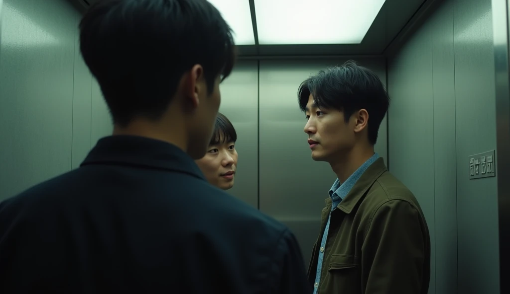behind the shoulder of a black-haired woman, two Korean men are seen talking to each other, in the elevator, daylight, cinematic style, real photo,