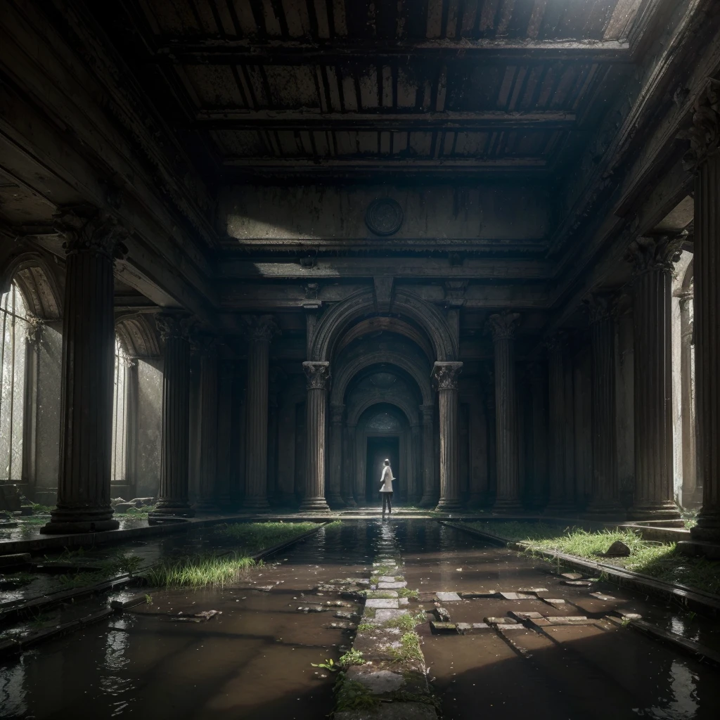 (best qualityer, work of art),( dark sky, chuva pesada, inside the abandoned temple, stagnant water with low water level, ), realistic background, 2112, Lumiere*_blackw_particle,