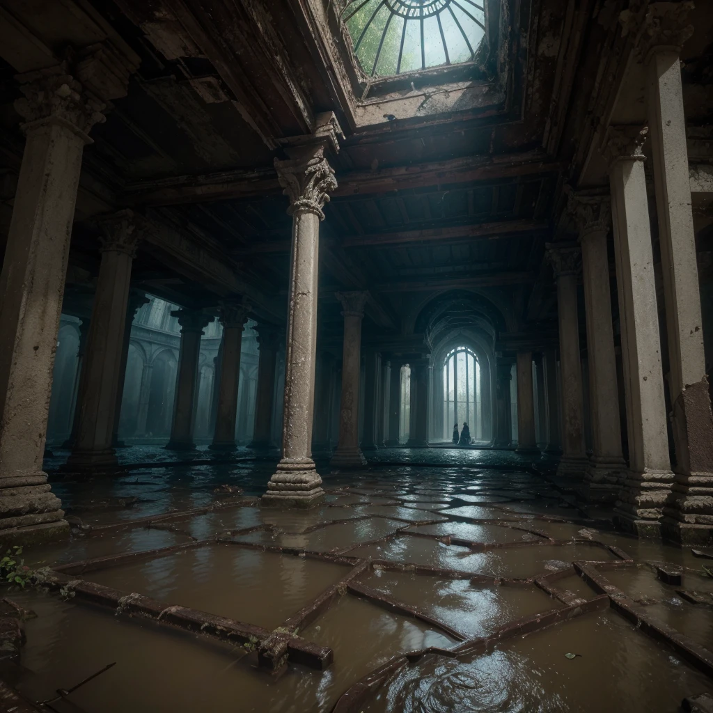 (best qualityer, work of art),( dark sky, chuva pesada, inside the abandoned temple, stagnant water with low water level, ), realistic background, 2112, Lumiere*_blackw_particle,