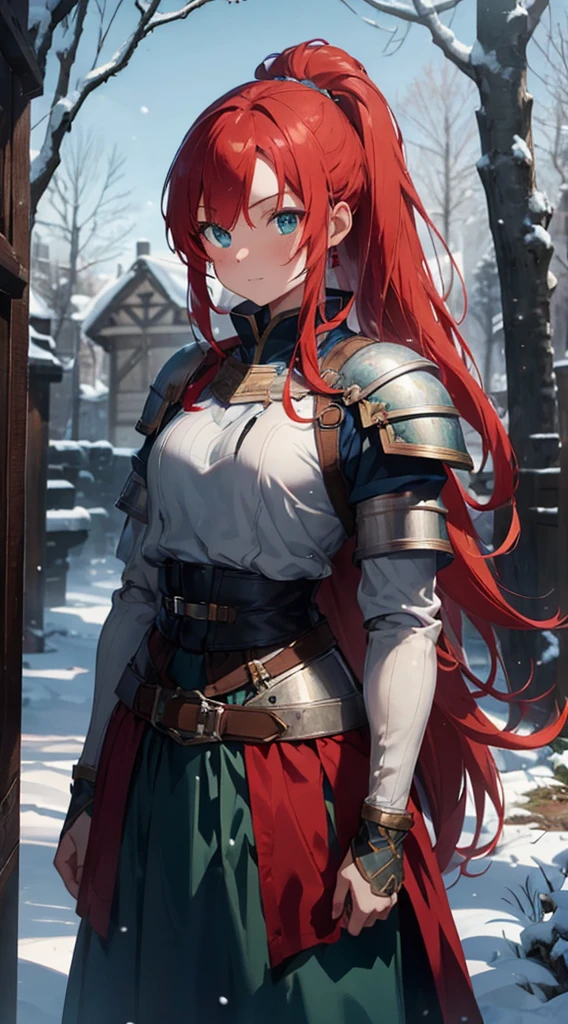 a beautiful young redhead medieval girl warrior in blue armor, light armor, red hair, hair tied in a ponytail, green eyes, slender body, beautiful woman, snowy background, snowy forest in the background, full body , long skirt ,
