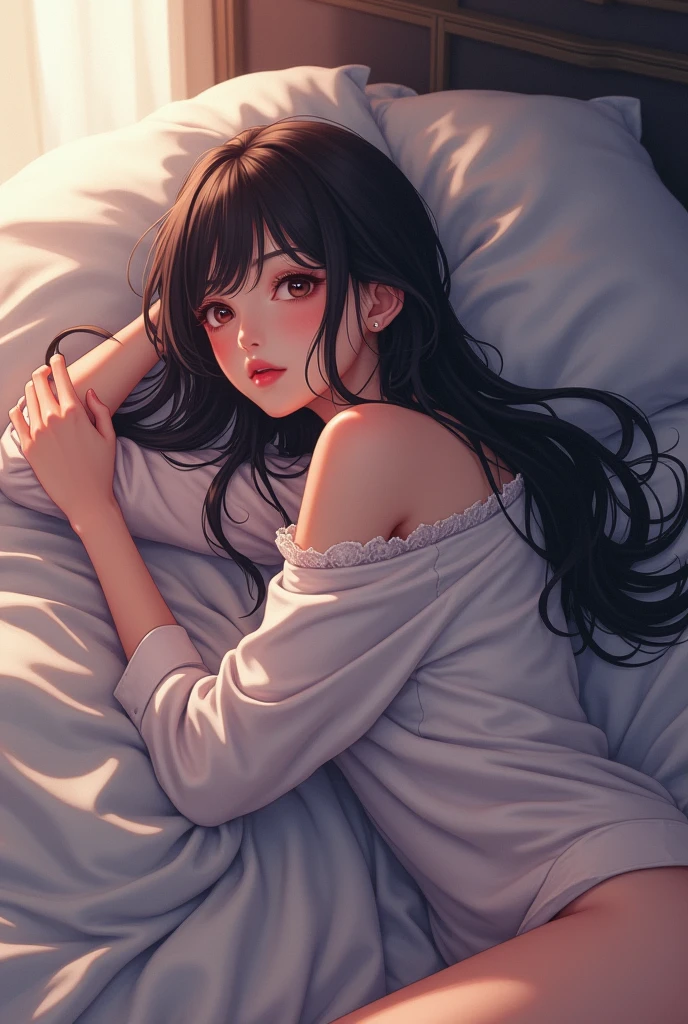 Adult anime girl laying on a bed only wearing a oversized shirt nothing else.