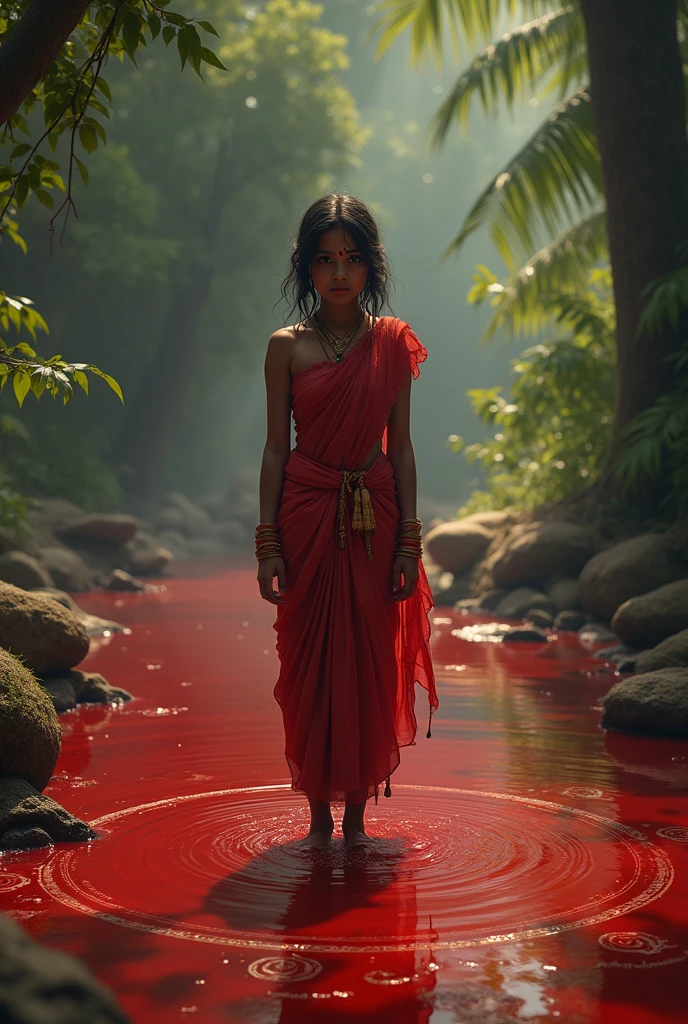 Hindu girl bathing in Sacrificed Goat's Blood