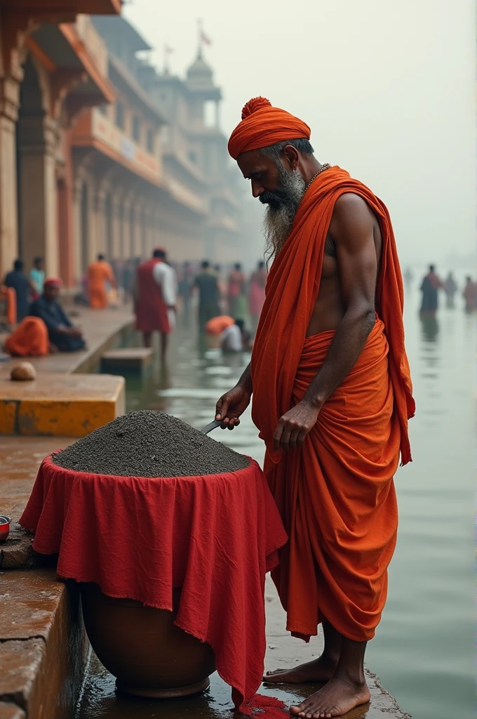 At varanasi ganga ghat ,Hindu pandit in gaura cloth doing asthi visarjan with mitti ka asthi medium size matka  cover with red kalpda 