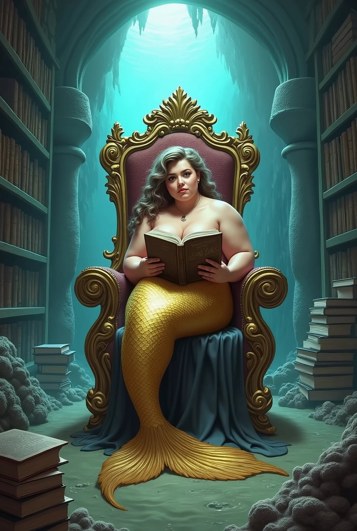 Front facing full body illustration, mermaid, (curvy:2), (chubby:2), masterpiece, powerful gold tail, iridescent highlights, (large breast:1.5), reading large book, sitting in old Coral covered throne, surrounded by a library of books, cavern opening in background
