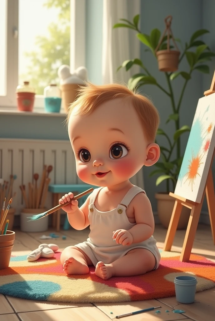 Image of that same young man as a baby painting 