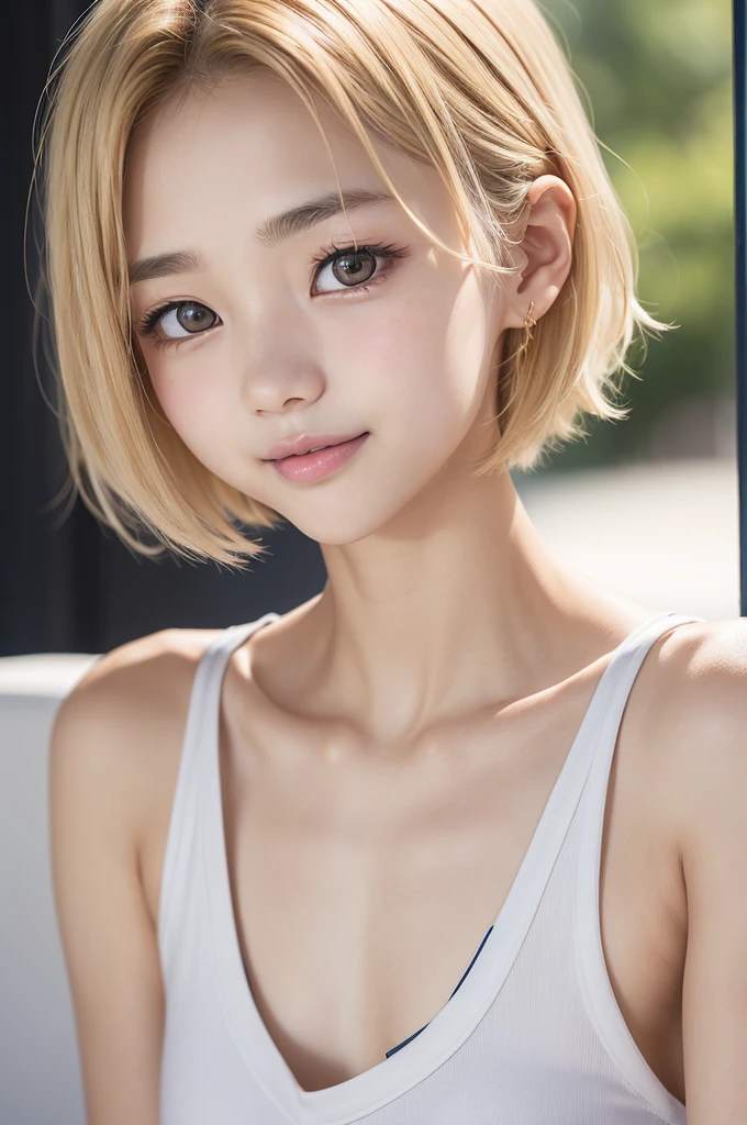 armpits,Create a photo of a korean Asian ager,((beautiful cute idol girl:1.5)), blonde short hair,10yorow eyes:1.5,slim face,slim neck,((thinbody:1.5)),white tite tanktop,((rasping)),((frat chest)),((clavicle)),((Narrow eyes:1.5))、((Narrow eyes:1.5))、(Thin arms)、(Thin neck)、(Thin lips)、Smile、Beautiful armpits:1.5,Sticking out a long tongue、Open your mouth、Cute expression、Hairless、((slimarms:1.5)),small face:1.4