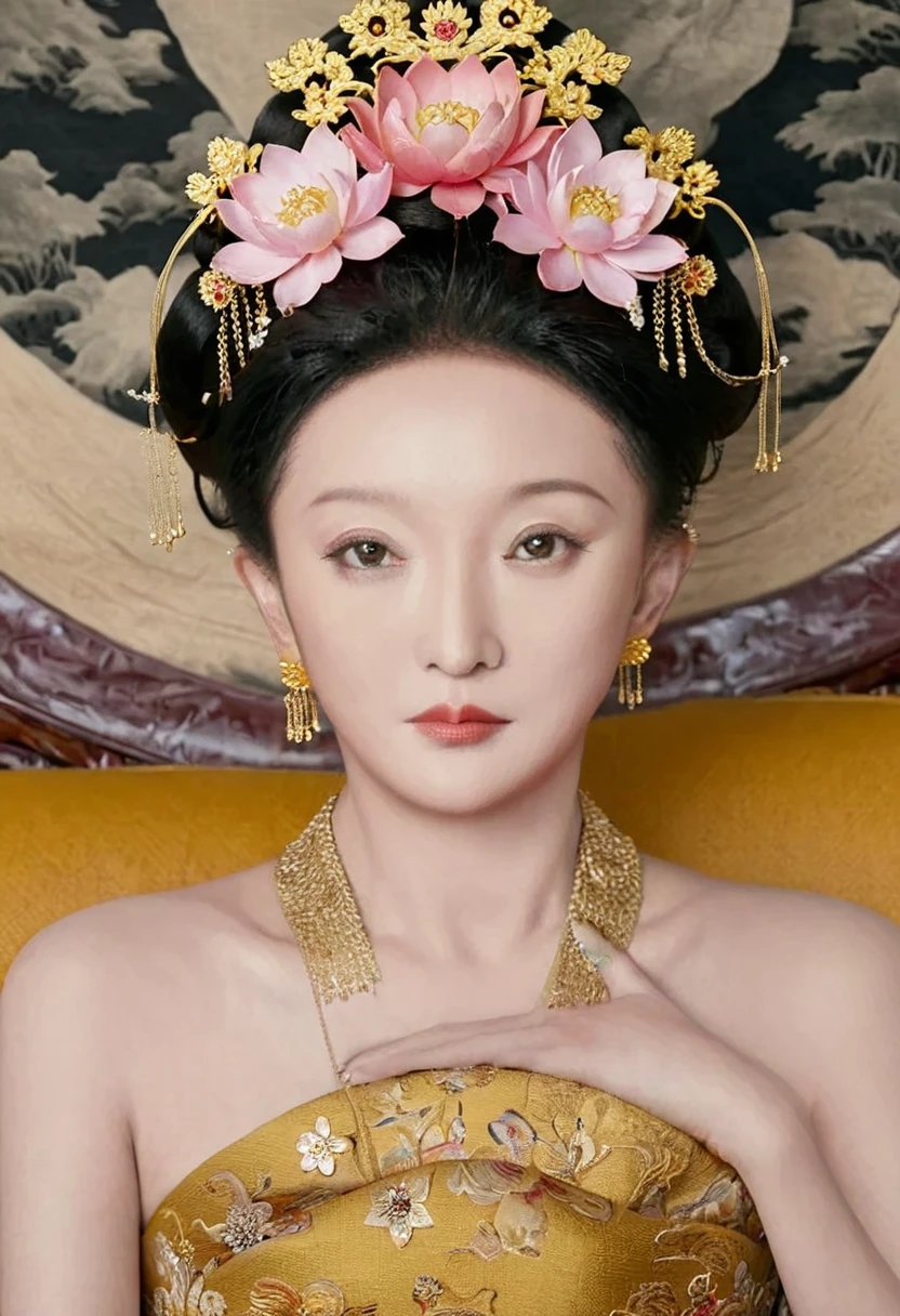 A full-body portrait of a Qing Dynasty Empress sitting naked on a large golden sofa in the palace., Empress of the Qing Dynasty, Wearing a large crown, She is completely naked, Showing off gorgeous large flowers and hairpins, She tied her hair up and pulled it up, 背景はEmpress of the Qing Dynastyの豪華な宮殿.