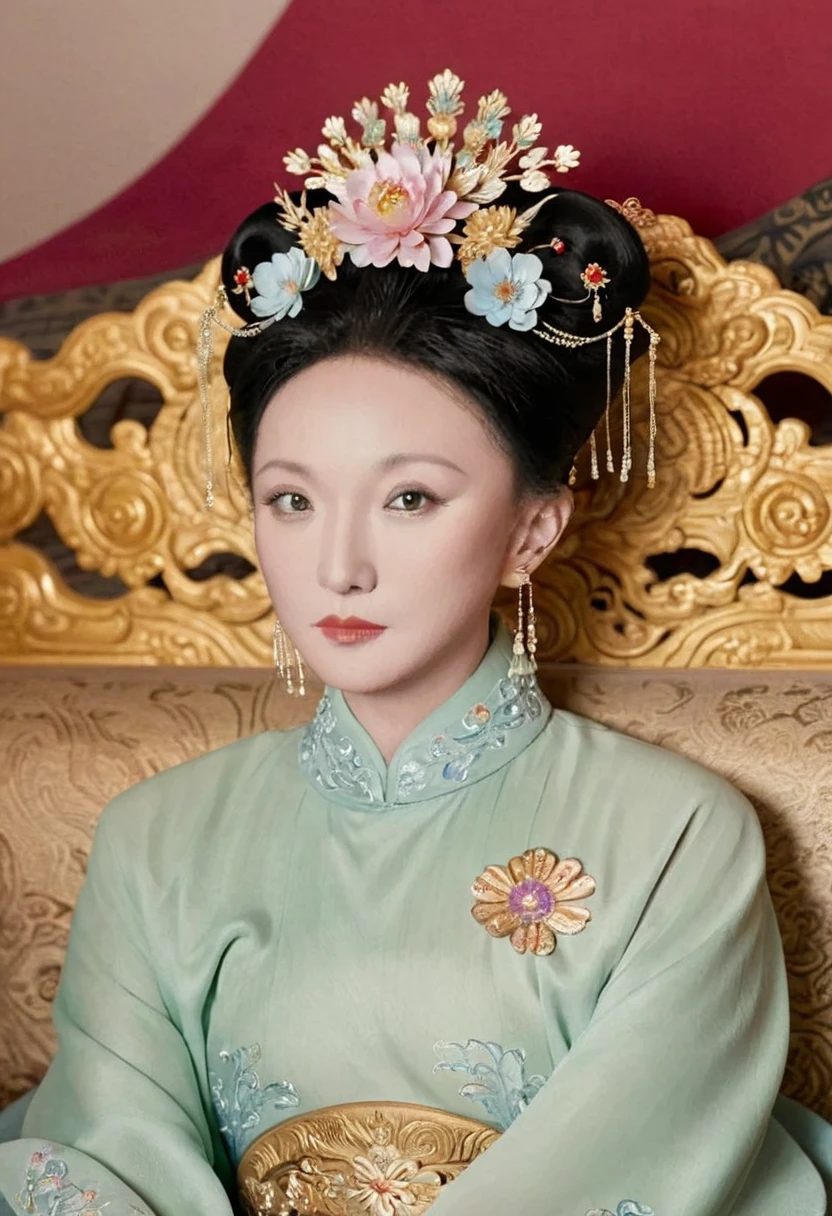 A full-body portrait of a Qing Dynasty Empress sitting naked on a large golden sofa in the palace., Empress of the Qing Dynasty, Wearing a large crown, She is completely naked, Showing off gorgeous large flowers and hairpins, She tied her hair up and pulled it up, 背景はEmpress of the Qing Dynastyの豪華な宮殿.