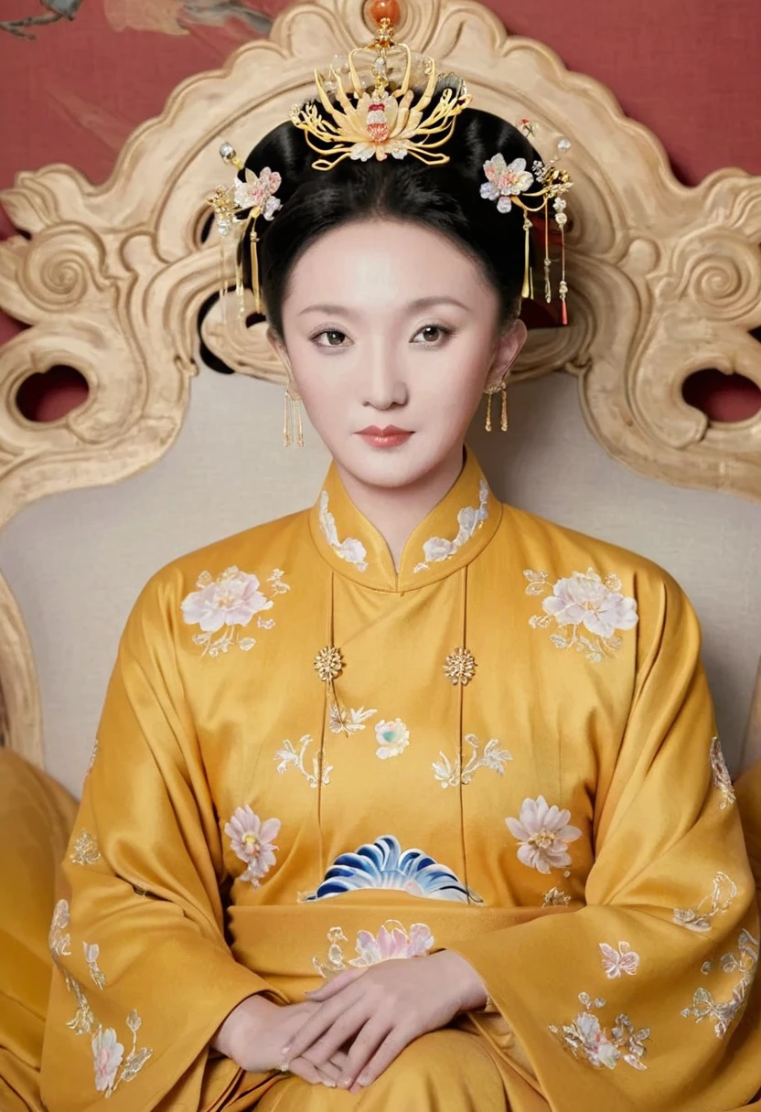 A full-body portrait of a Qing Dynasty Empress sitting naked on a large golden sofa in the palace., Empress of the Qing Dynasty, Wearing a large crown, She is completely naked, Showing off gorgeous large flowers and hairpins, She tied her hair up and pulled it up, 背景はEmpress of the Qing Dynastyの豪華な宮殿.