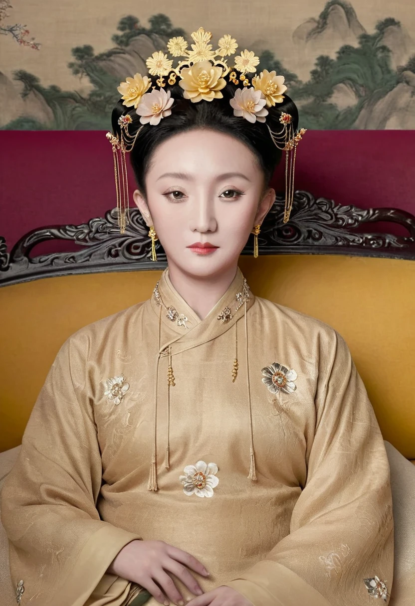 A full-body portrait of a Qing Dynasty Empress sitting naked on a large golden sofa in the palace., Empress of the Qing Dynasty, Wearing a large crown, She is completely naked, Showing off gorgeous large flowers and hairpins, She tied her hair up and pulled it up, 背景はEmpress of the Qing Dynastyの豪華な宮殿.