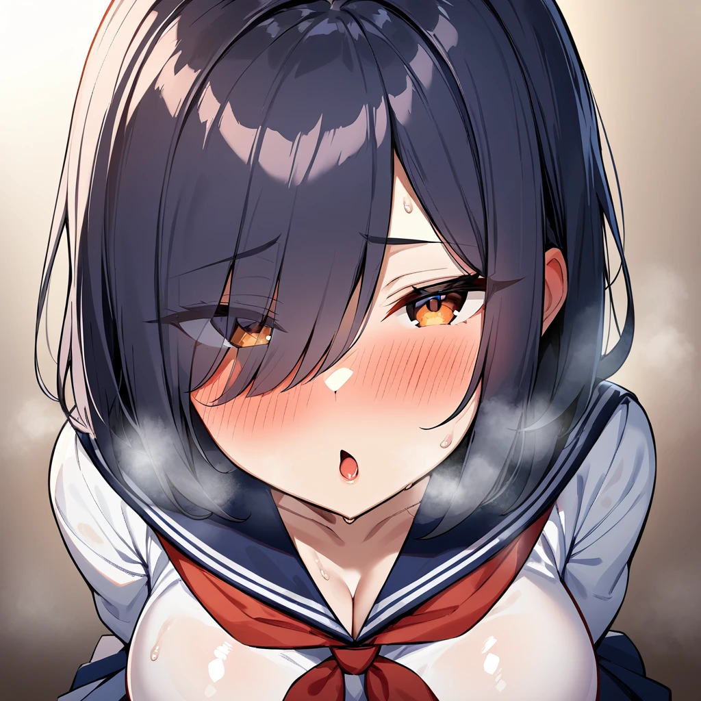 1girl,Solofocus,pov,open mouth,serafuku:1.5),red neckerchief,white blouse,pleated skirt,dark blue blouse,sexually suggestive,(Cleavage:1), Leaning forward(cowboyshot:1.5),(in heat:1.5),(Breasts),(heavy breathing:1.5),arms behind back,(Legs_apart),(shiny_skin),(eyes visible through hair:1.5),very sweaty,dark blue hair,(brown eyes),hair over eye,blush,(Heavy Breathing:1.3),(Steaming body:1),(straight-on),(light skin:1.5),masterpiece,best quality,very aesthetic,absurdres,medium hair,straight hair,(female:1),(curvy:1),(incoming kiss), facing_viewer