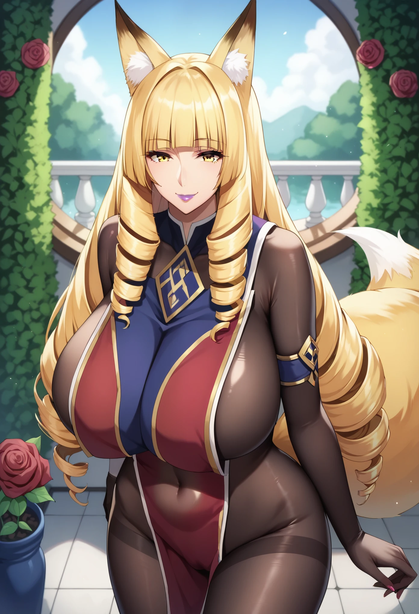 masterpiece, score_9, score_8_up, score_7_up, source_anime, best quality, extremely detailed, 1girl, milf, solo, rose oriana, (huge breasts), ((((blonde hair), long hair, drill hair, yellow eyes, fox ears, yellow fox tail))), purple lips, (((bodystocking, tabard))), ((naughty smile), closed mouth), ((garden))