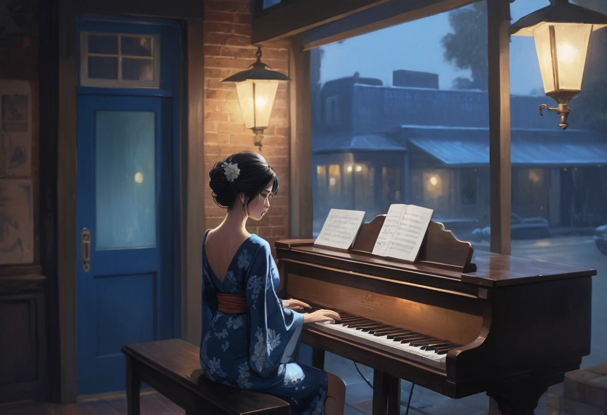 Taisho Romance Open Johnson, Grainy, Alabama Bar, Blue, charisma , Leopard Skin Dress, , Black Fantasy, Lonely woman, sad ending, Japanese kimono, female pianist, blues, blues music, blues bar, sad feelings, dark, America, American South, blues bar America Silhouette of a woman in a kimono playing piano in a ビンテージ jazz bar in New Orleans rain outside rain see the rain from window Painting on a brick wall The wall is lit by blue gas lamps.. Vintage dimly lit jazz bar Whiskey bottles