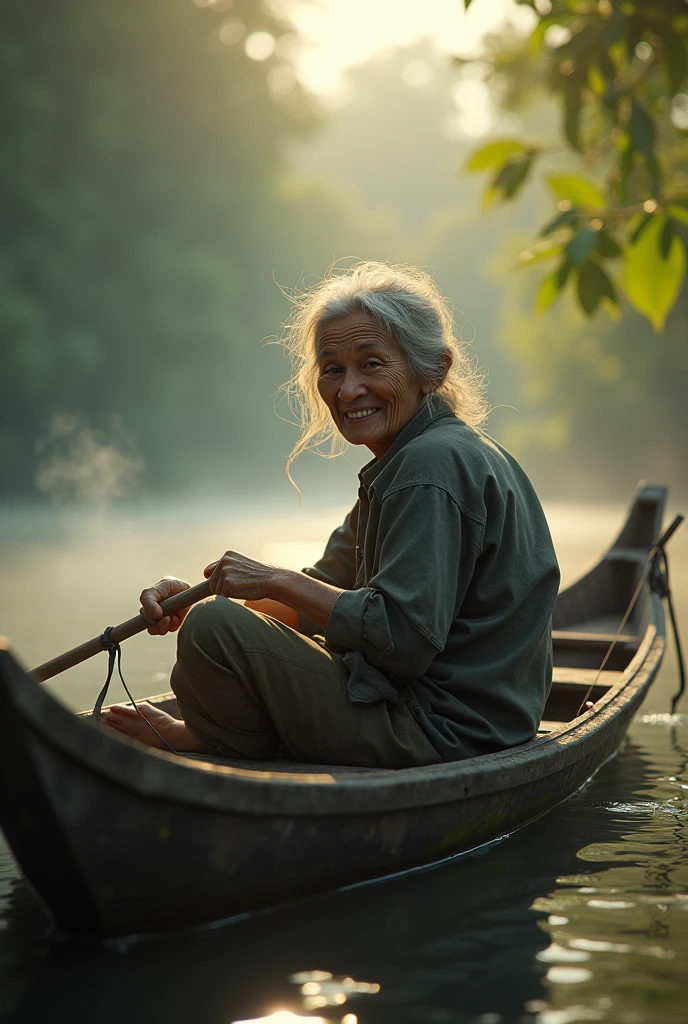 ( photorealism 1.2) photo realistic high detailed Malay old women messy hair at dugout canoe fishing at river smile cinematic view morning mode effect cinematography smoke effect sunlight silhouette