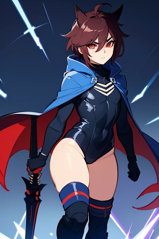 1boy, Femboy, superhero, crossdresser man, ager, with a dark blue with red accents full body Spandex crow themed suit, with a blue cape, a blue glowing decal in the chest, black gloves and black boots that resemble crow feet, and a hoodie, long technological red sword, brown skinned, red eyes, feminine shoulder length dark brown hair, wide hips, thick thighs , flat chest, narrow waist, standing on the rooftop in the over a futuristic city at night ((only one character))