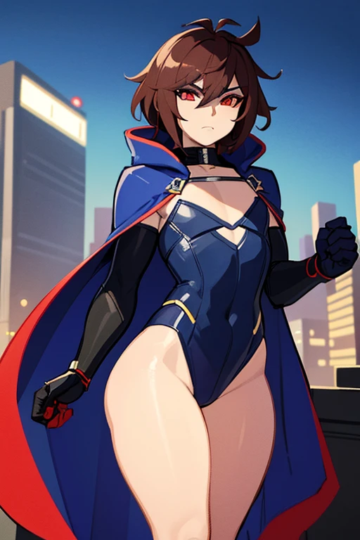 1boy, Femboy, superhero, crossdresser man, teenager, with a dark blue with red accents full body Spandex crow themed suit, with a blue cape, a blue glowing decal in the chest, black gloves and black boots that resemble crow feet, and a hoodie, long technological red sword, brown skinned, red eyes, feminine shoulder length dark brown hair, wide hips, thick thighs , flat chest, narrow waist, standing on the rooftop in the over a futuristic city at night ((only one character))