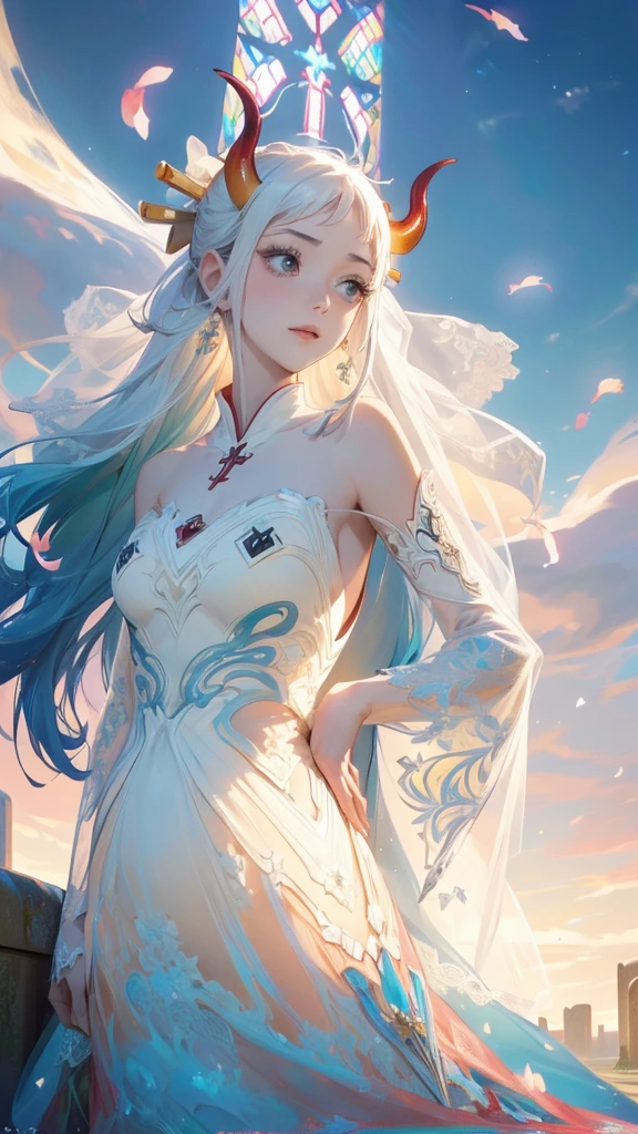 Official Art, Unity,8k wallpaper, Correct Anatomy，Very detailedな, Beautiful yet fleeting、((Two horns growing from the head))Japan、beautiful, masterpiece,((One Woman)) Highest quality,White flower, ((Large Breasts))Flower Ecstasy, Very detailed, Light blue hair、((Randomly々Angle))Dynamic Angle, ((Yamato), ((beautifulウェディングドレス))The most beautiful form of chaos, ((Slim body)).elegant, Vibrant colors,((wedding)) Romanticism, James Jean, Robbie Dawi Anton, Ross Tran, Francis Bacon, It was very cold, Petra Cortright, Gerhard Richter, takato yamamoto, Ashley Wood, Atmospheric,((smile),((Church yard))