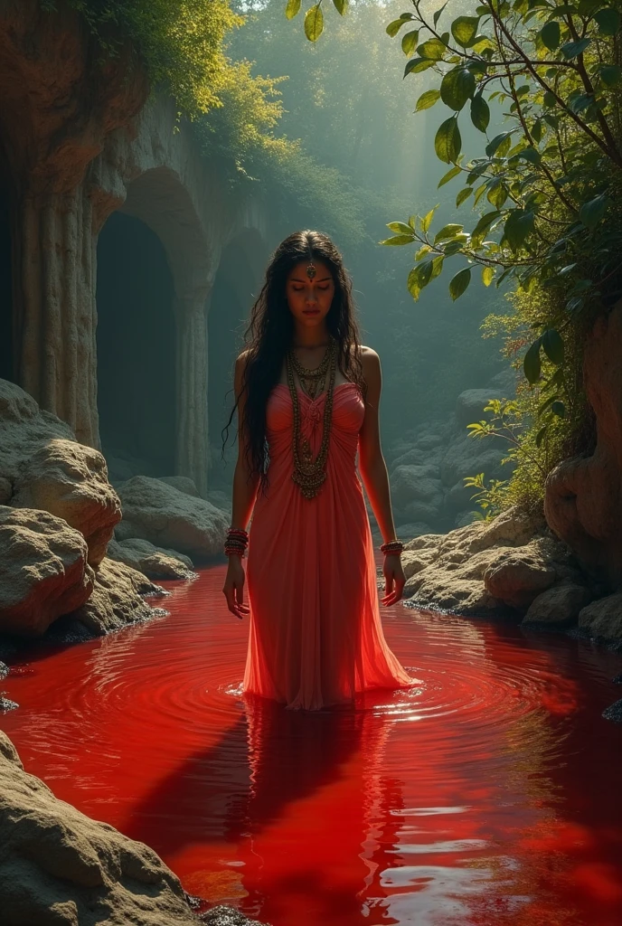 Hindu girl bathing in Goat's Blood